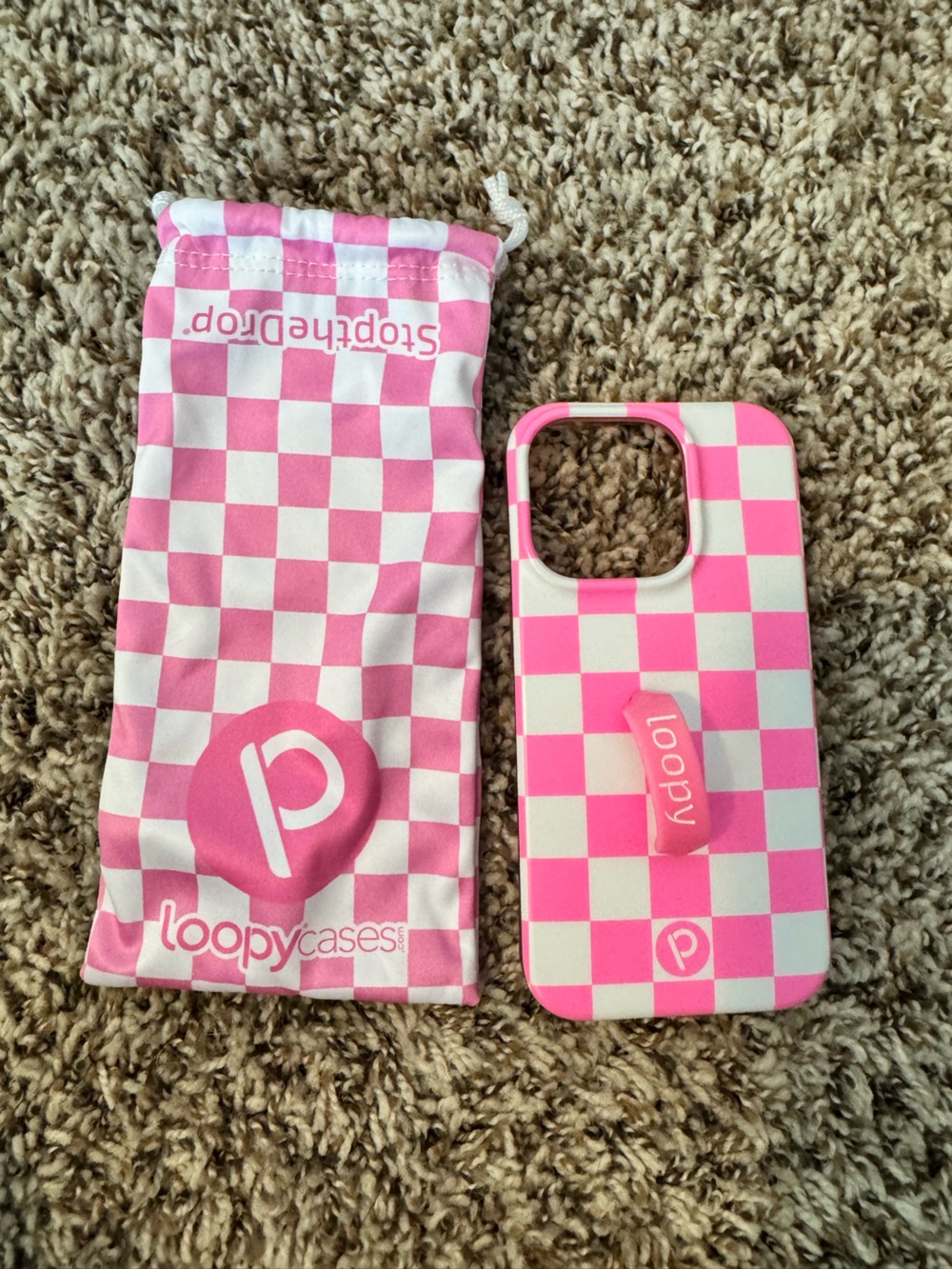 loopy Cases Pink & White Checkered Phone Case with Strap - iPhone 14 Pro